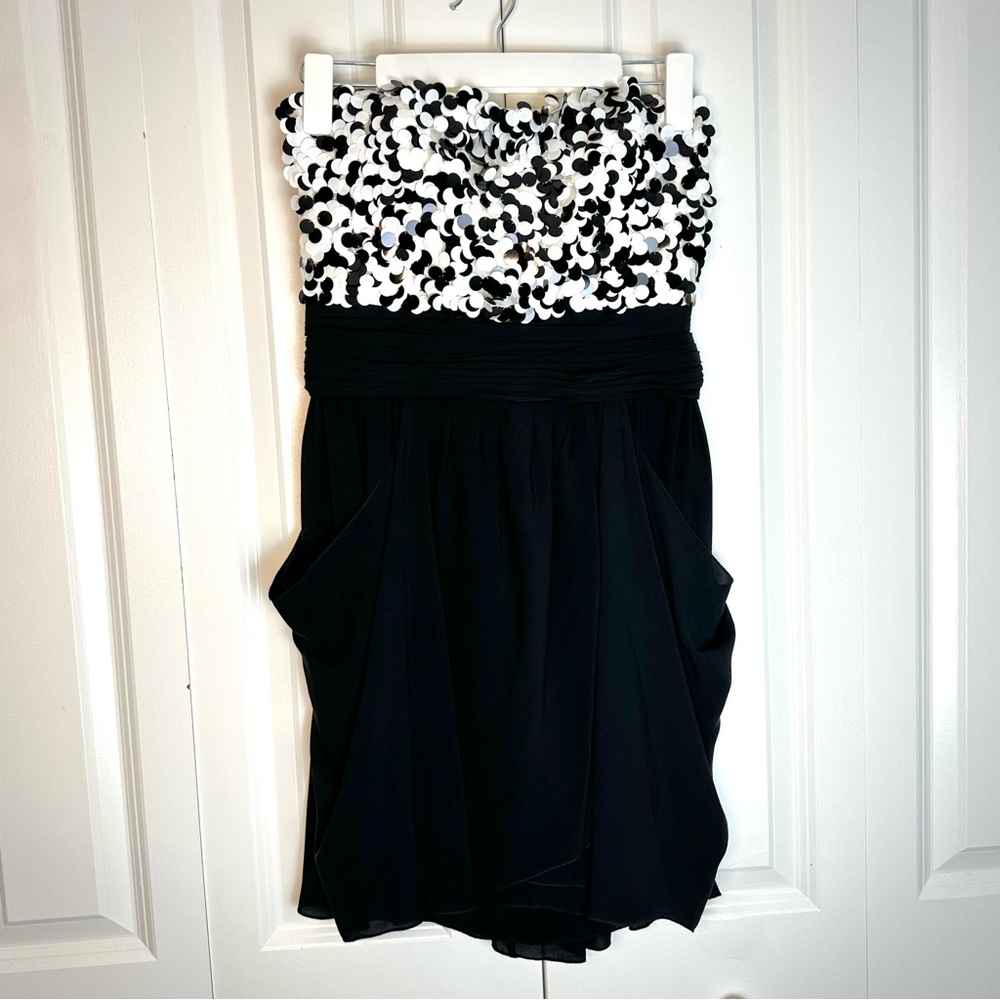 Alice + Olivia black and white silk & sequin strapless cocktail dress.